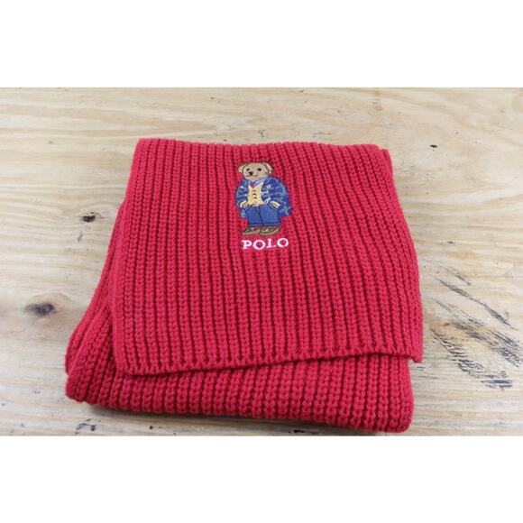 Polo Ralph Lauren Scarf Mens Red Ribbed Wool Blend Winter Toggle Coat Bear Logo - Picture 1 of 6